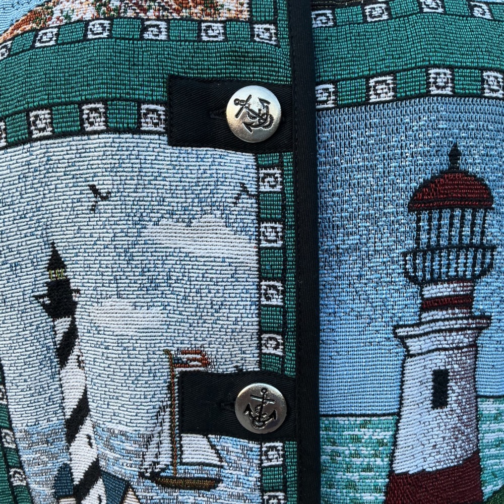 Blair Tapestry Jacket Womens L Blue Green Lighthouse Nautical Vintage Coastal - Picture 8 of 11